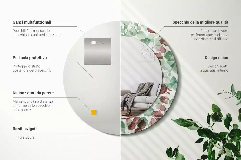 Lustro okrągłe z ramą z nadrukiem w motywie eukaliptusa