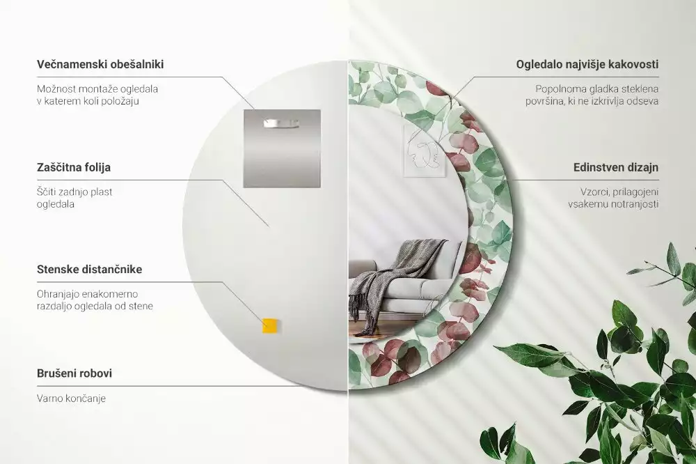 Lustro okrągłe z ramą z nadrukiem w motywie eukaliptusa