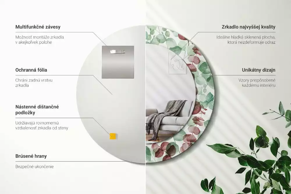 Lustro okrągłe z ramą z nadrukiem w motywie eukaliptusa