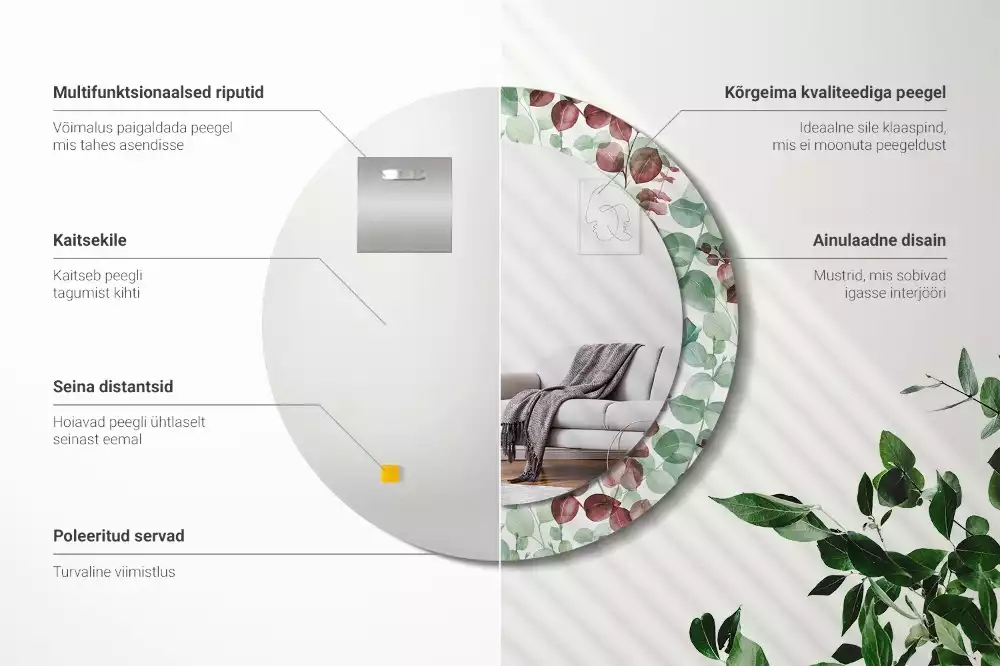 Lustro okrągłe z ramą z nadrukiem w motywie eukaliptusa