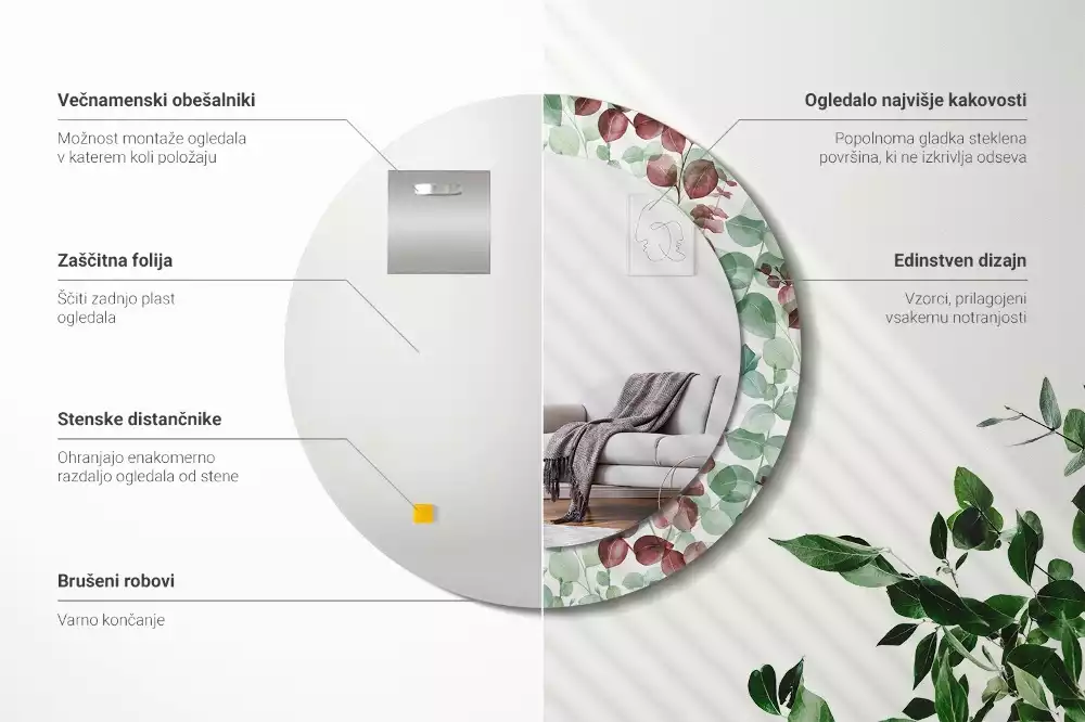 Lustro okrągłe z ramą z nadrukiem w motywie eukaliptusa