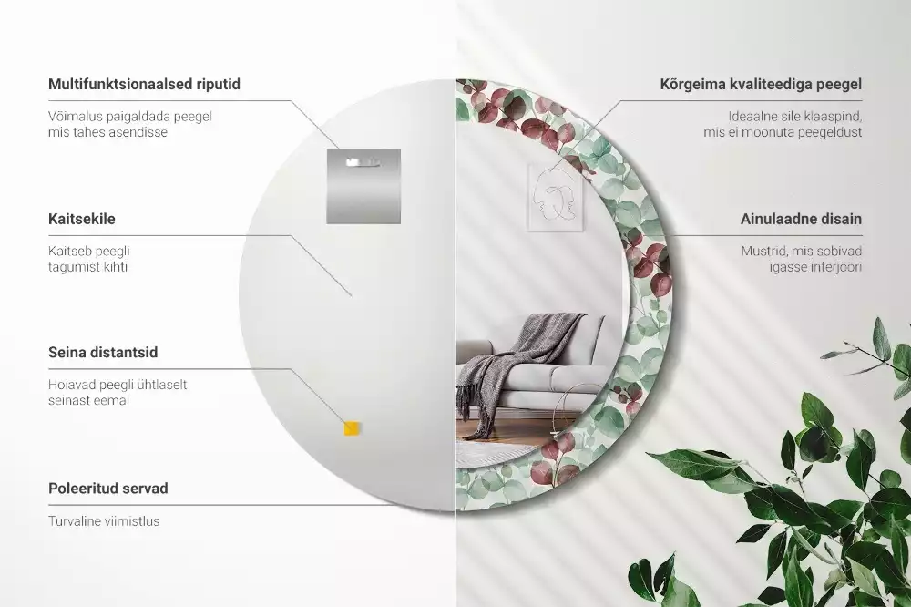 Lustro okrągłe z ramą z nadrukiem w motywie eukaliptusa