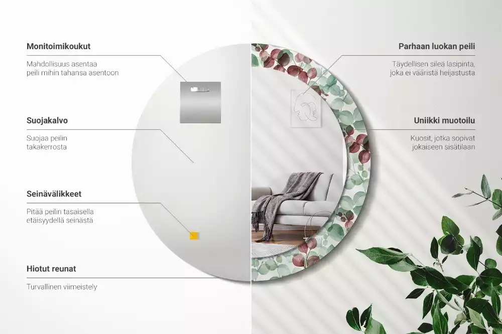 Lustro okrągłe z ramą z nadrukiem w motywie eukaliptusa