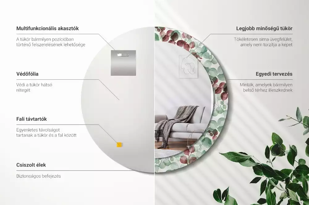 Lustro okrągłe z ramą z nadrukiem w motywie eukaliptusa