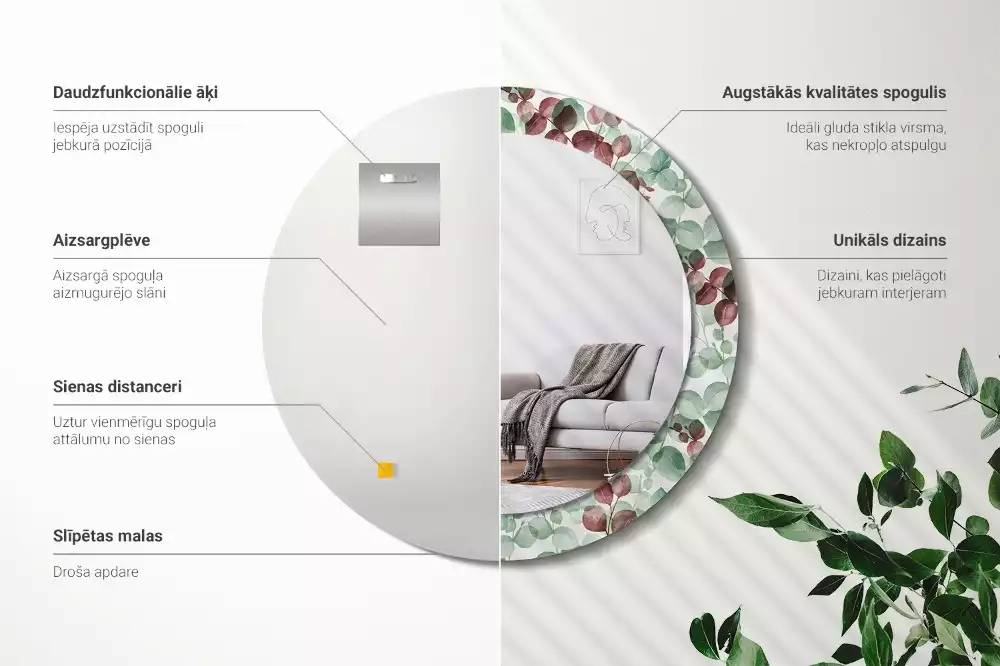 Lustro okrągłe z ramą z nadrukiem w motywie eukaliptusa
