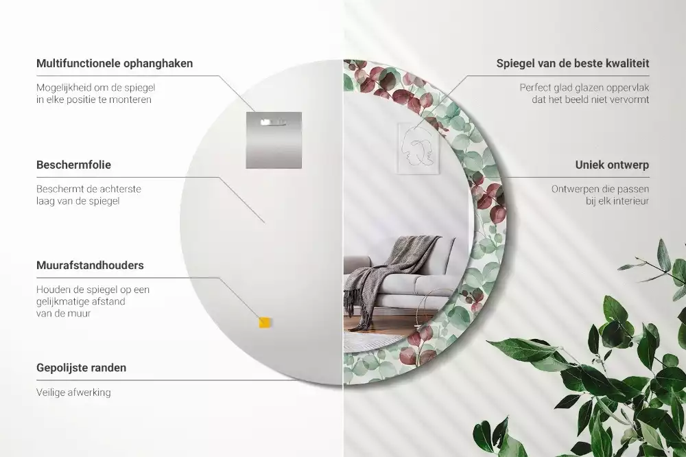 Lustro okrągłe z ramą z nadrukiem w motywie eukaliptusa