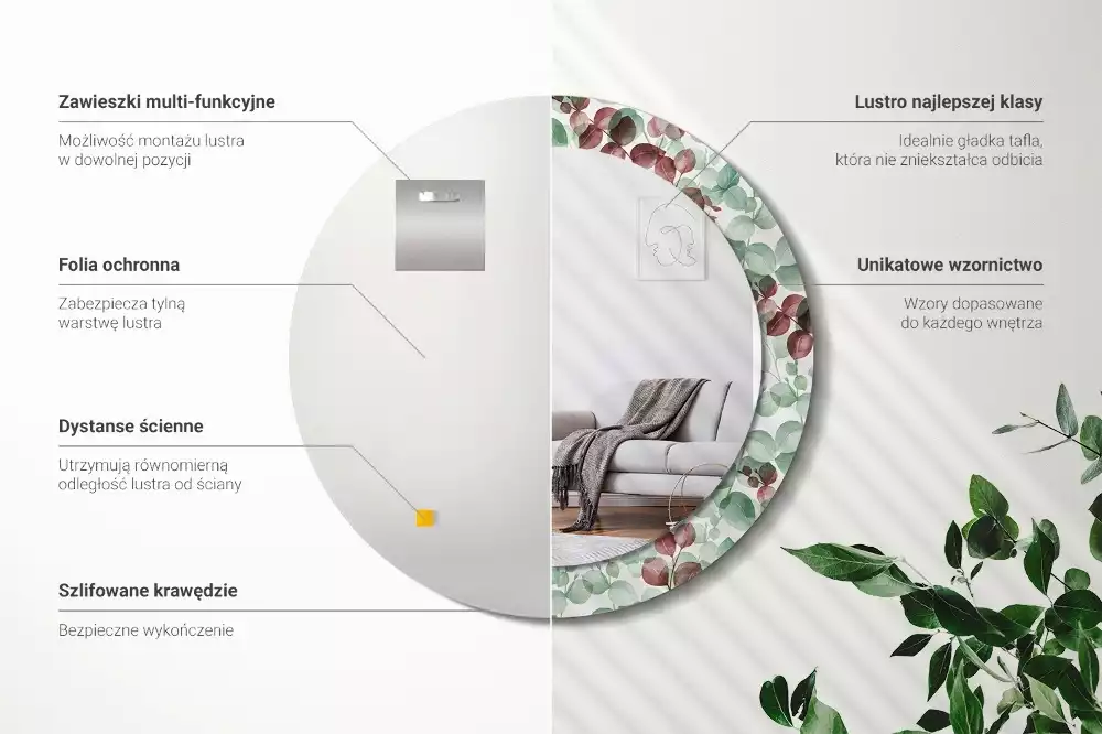 Lustro okrągłe z ramą z nadrukiem w motywie eukaliptusa