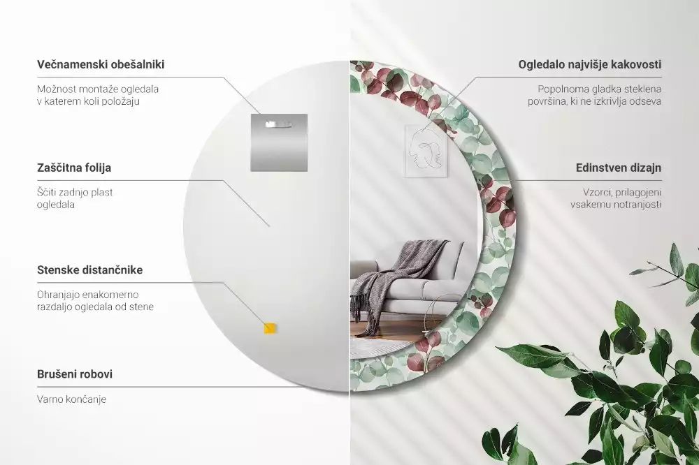 Lustro okrągłe z ramą z nadrukiem w motywie eukaliptusa