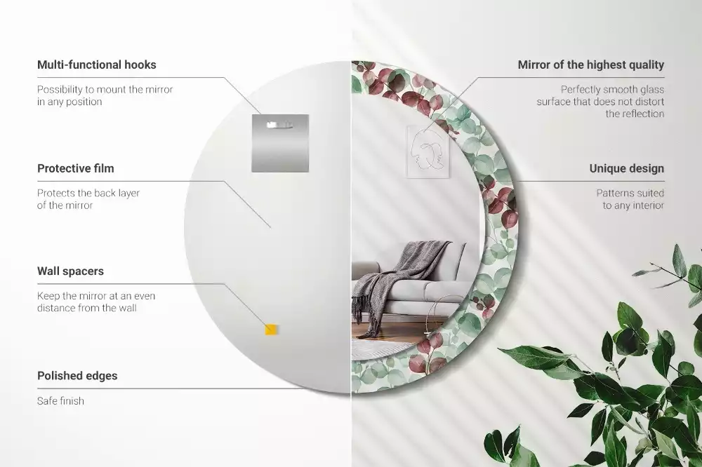 Lustro okrągłe z ramą z nadrukiem w motywie eukaliptusa