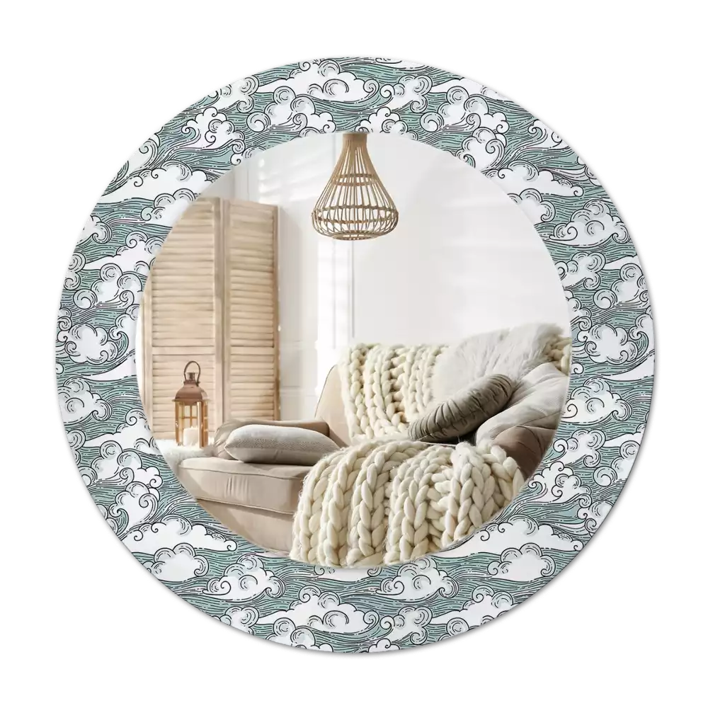 Lustro ścienne dekoracyjne o kształcie okrągłym z motywem chmur