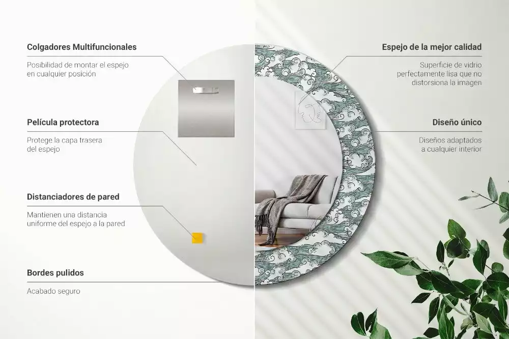 Lustro ścienne dekoracyjne o kształcie okrągłym z motywem chmur