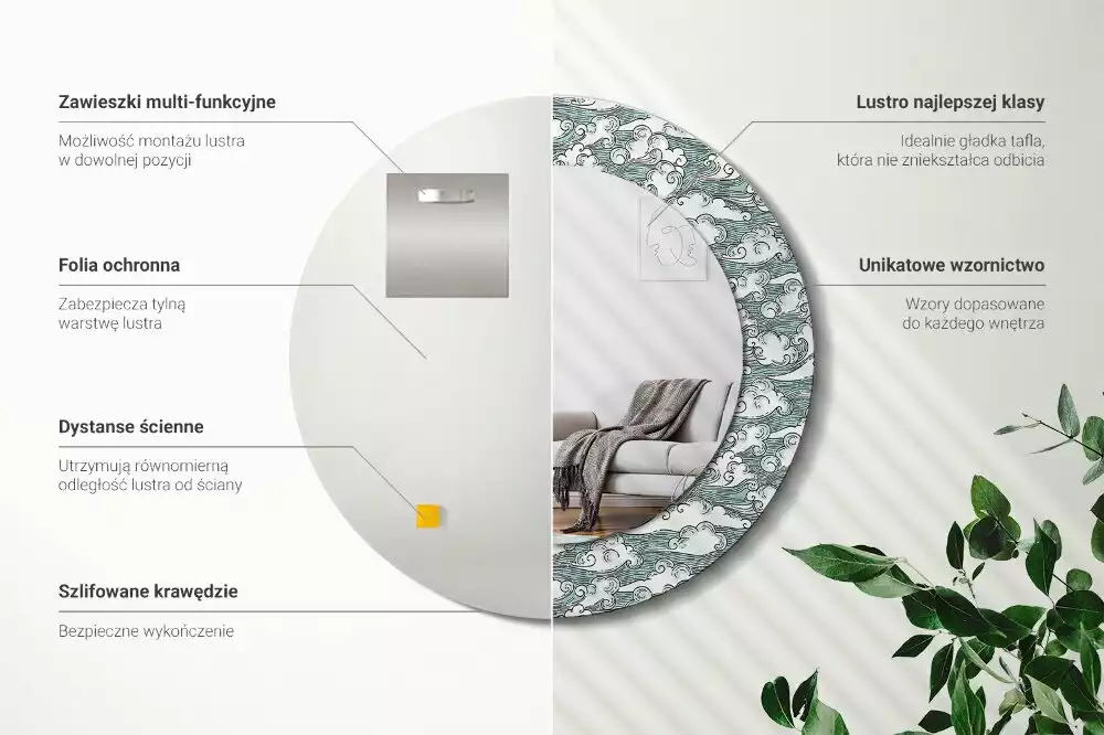 Lustro ścienne dekoracyjne o kształcie okrągłym z motywem chmur