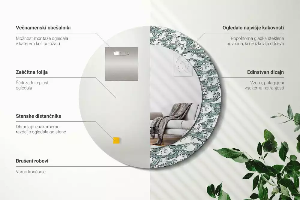 Lustro ścienne dekoracyjne o kształcie okrągłym z motywem chmur