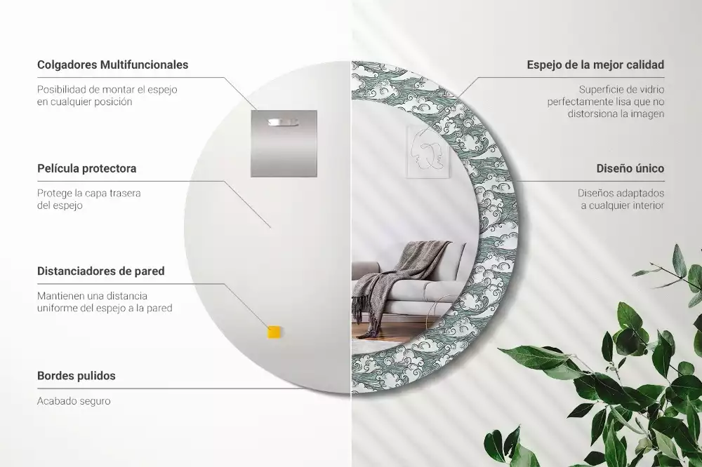 Lustro ścienne dekoracyjne o kształcie okrągłym z motywem chmur