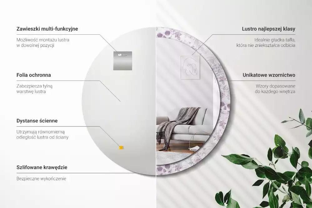 Lustro w okrągłej ramie z nadrukiem czaszek