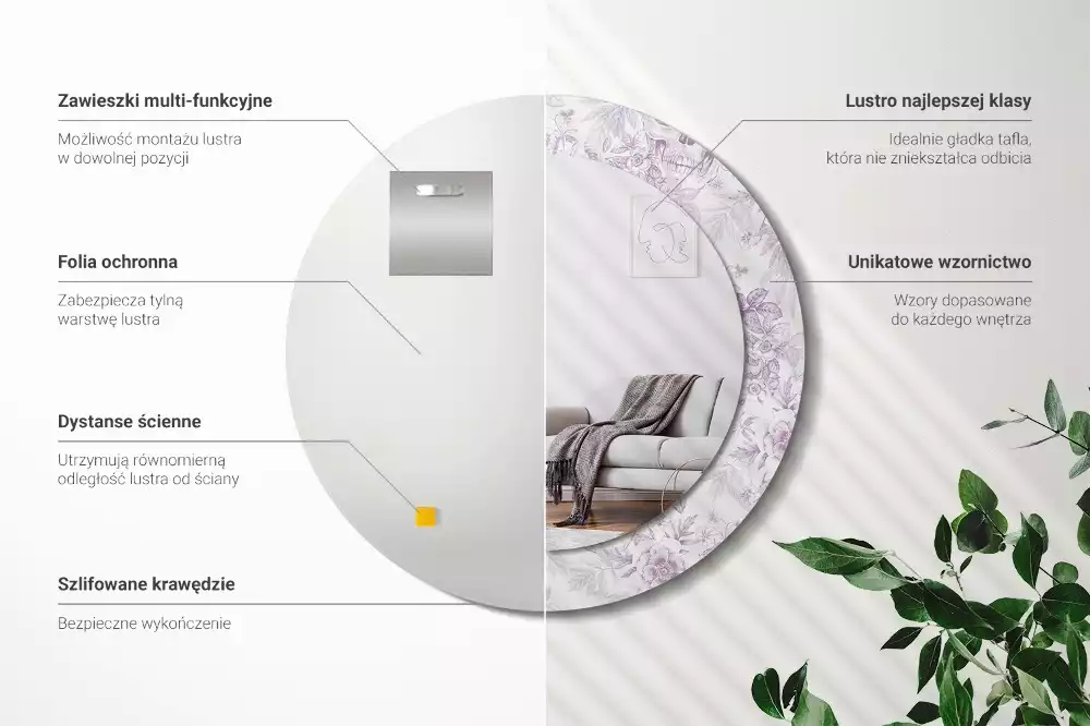 Lustro w okrągłej ramie z nadrukiem czaszek