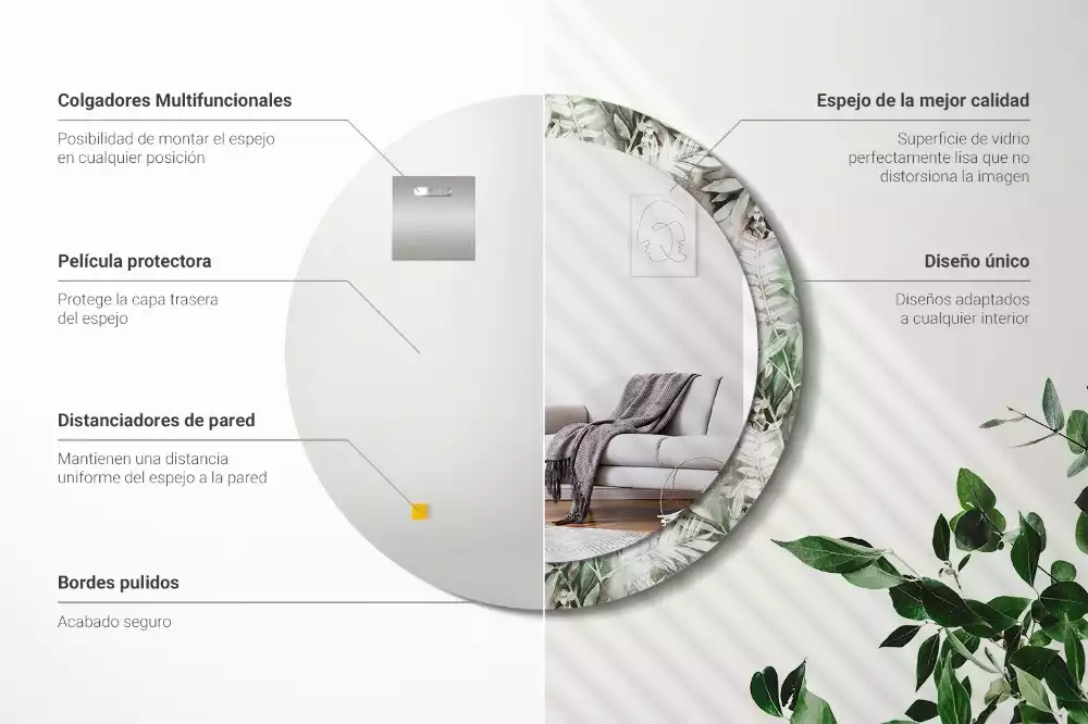 Lustro z ramą z nadrukiem w motyw liści w stylu akwareli, w kształcie okręgu