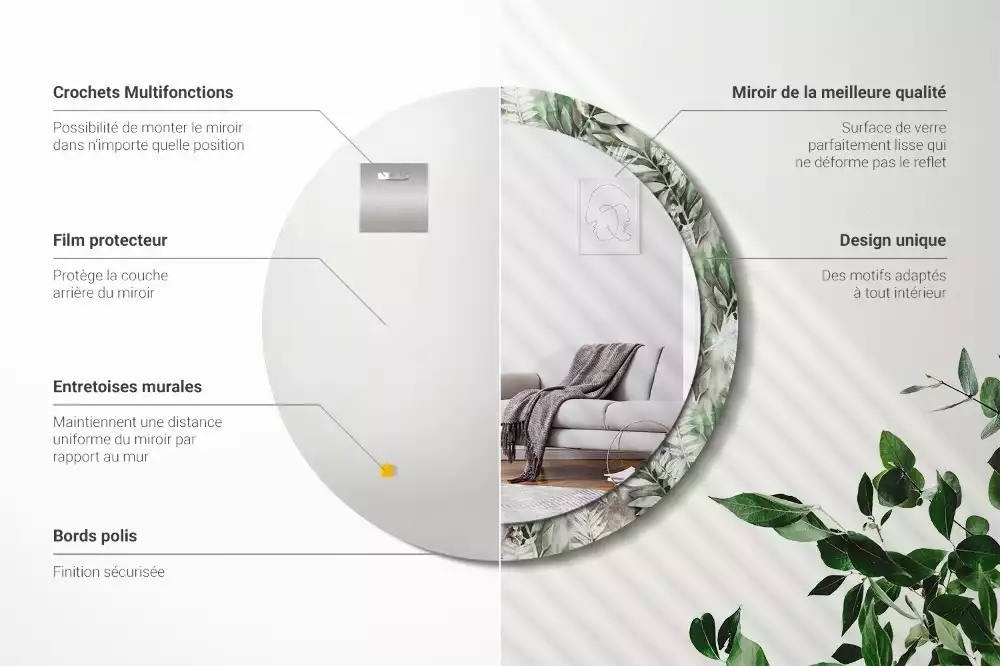 Lustro z ramą z nadrukiem w motyw liści w stylu akwareli, w kształcie okręgu