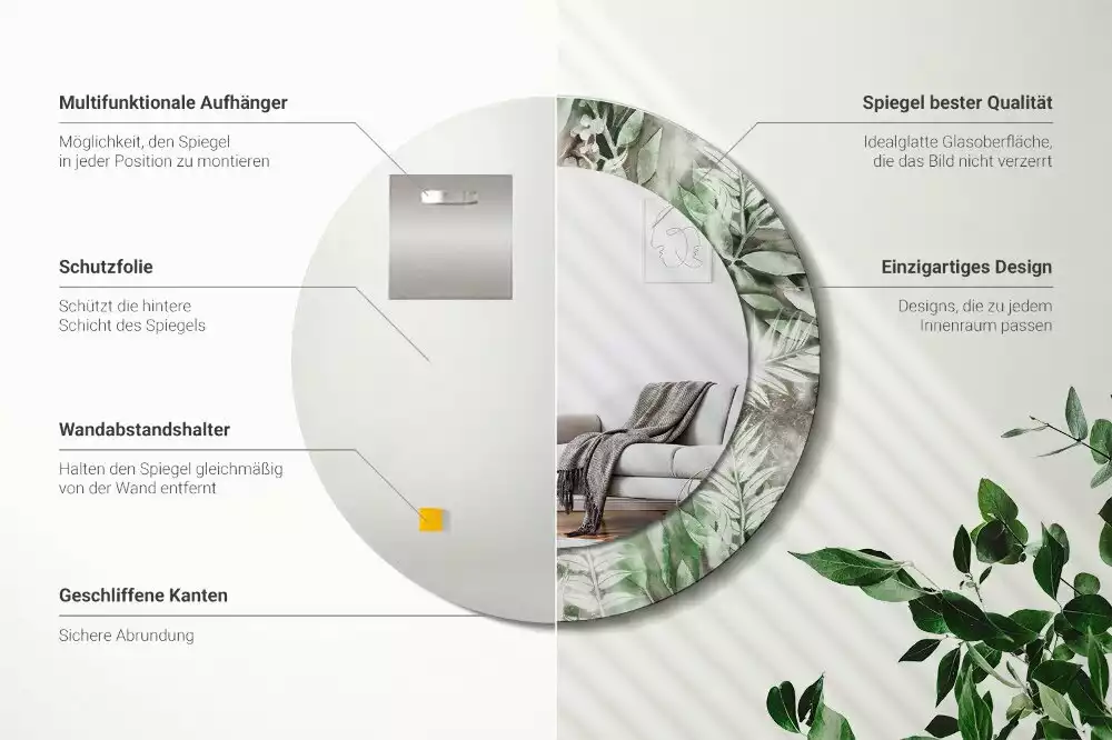 Lustro z ramą z nadrukiem w motyw liści w stylu akwareli, w kształcie okręgu