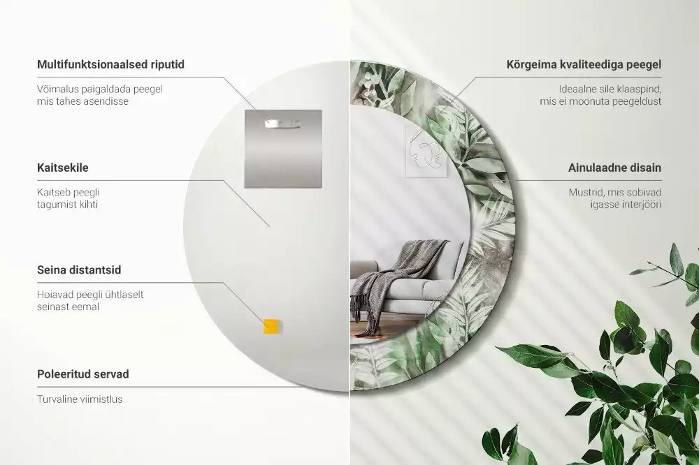 Lustro z ramą z nadrukiem w motyw liści w stylu akwareli, w kształcie okręgu