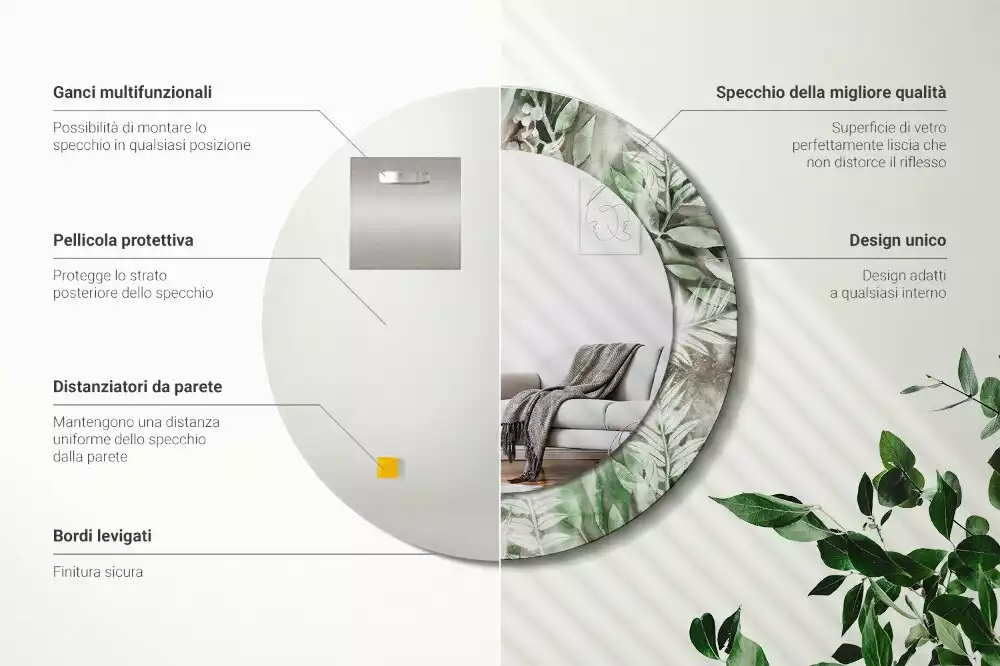 Lustro z ramą z nadrukiem w motyw liści w stylu akwareli, w kształcie okręgu