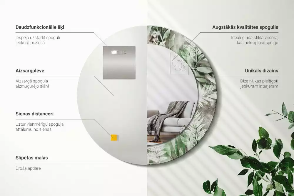 Lustro z ramą z nadrukiem w motyw liści w stylu akwareli, w kształcie okręgu