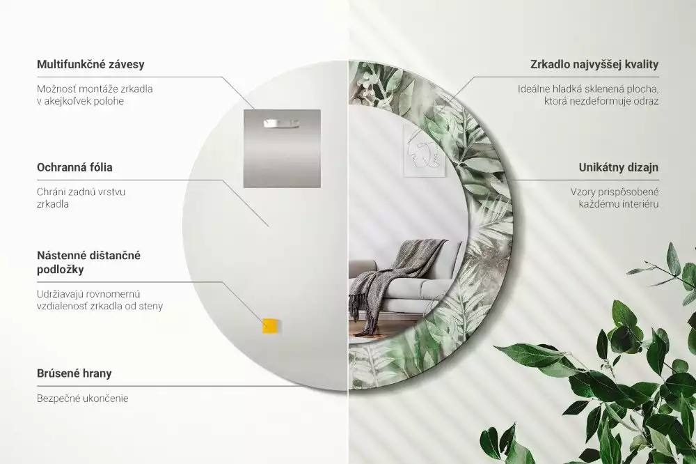 Lustro z ramą z nadrukiem w motyw liści w stylu akwareli, w kształcie okręgu