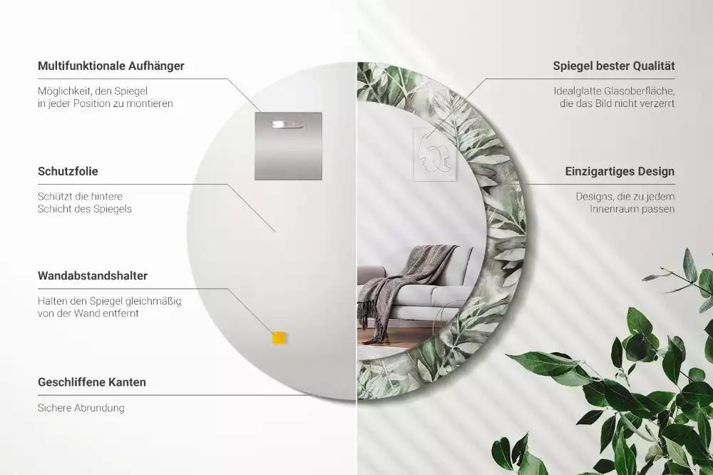 Lustro z ramą z nadrukiem w motyw liści w stylu akwareli, w kształcie okręgu