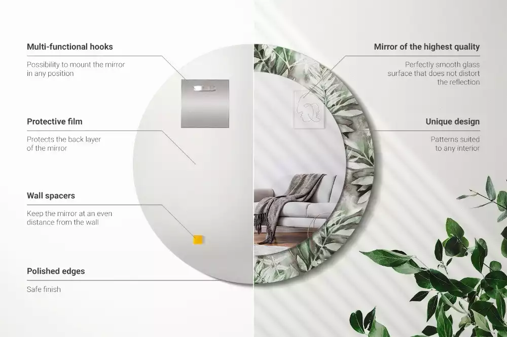 Lustro z ramą z nadrukiem w motyw liści w stylu akwareli, w kształcie okręgu