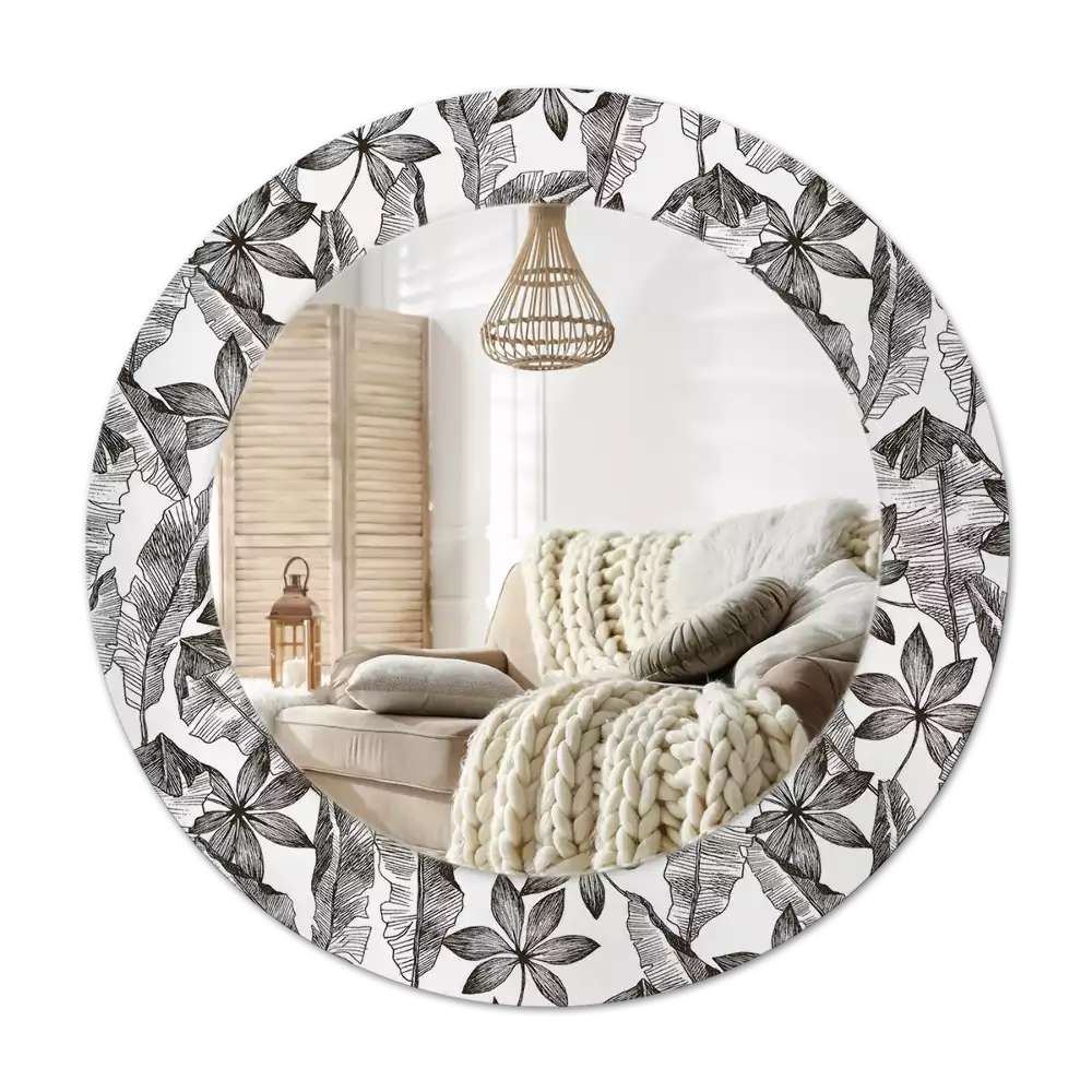 Lustro z ramą i nadrukiem w motyw liści tropikalnych, w kształcie okręgu