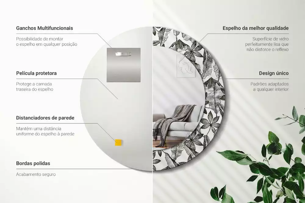 Lustro z ramą i nadrukiem w motyw liści tropikalnych, w kształcie okręgu