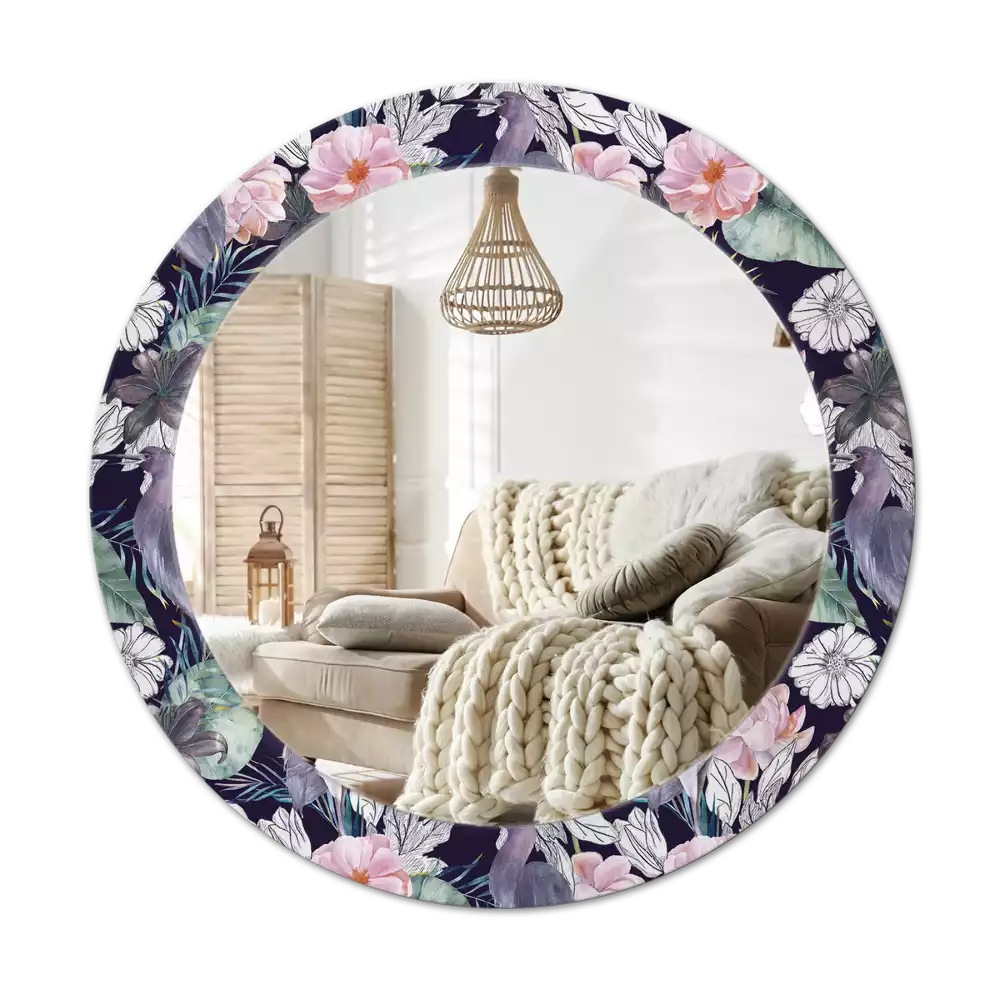 Lustro z okrągłą ramą z nadrukiem przedstawiającym czaple i ptaki