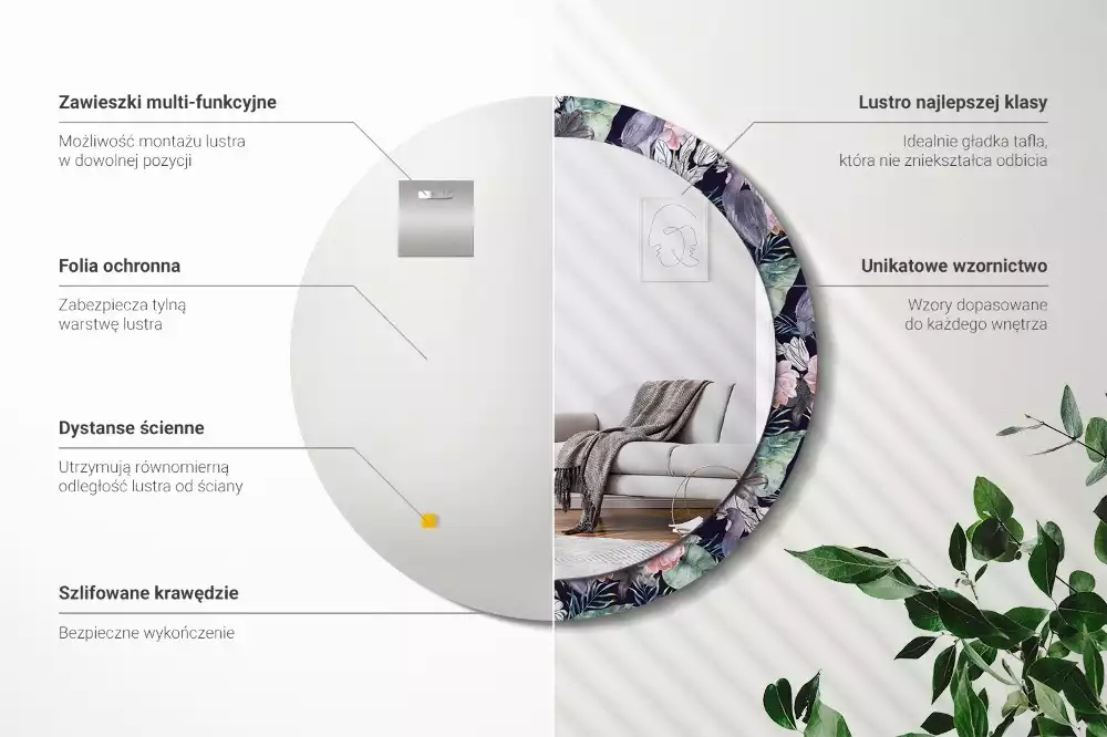 Lustro z okrągłą ramą z nadrukiem przedstawiającym czaple i ptaki