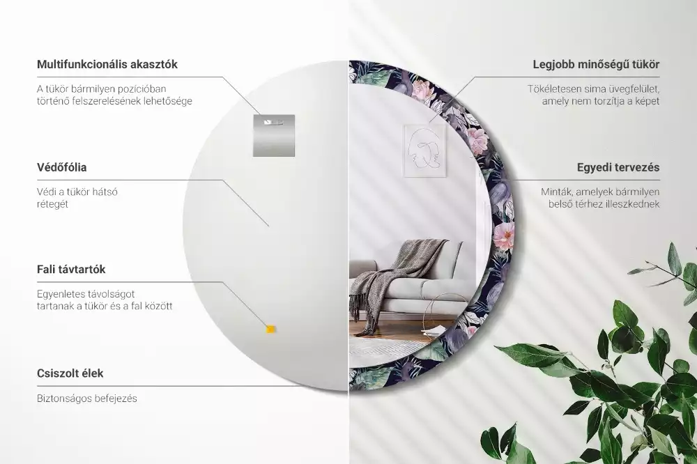 Lustro z okrągłą ramą z nadrukiem przedstawiającym czaple i ptaki