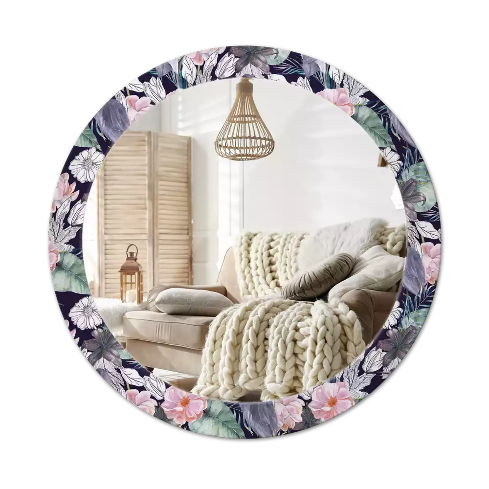 Lustro z okrągłą ramą z nadrukiem przedstawiającym czaple i ptaki