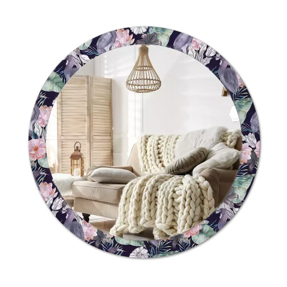 Lustro z okrągłą ramą z nadrukiem przedstawiającym czaple i ptaki