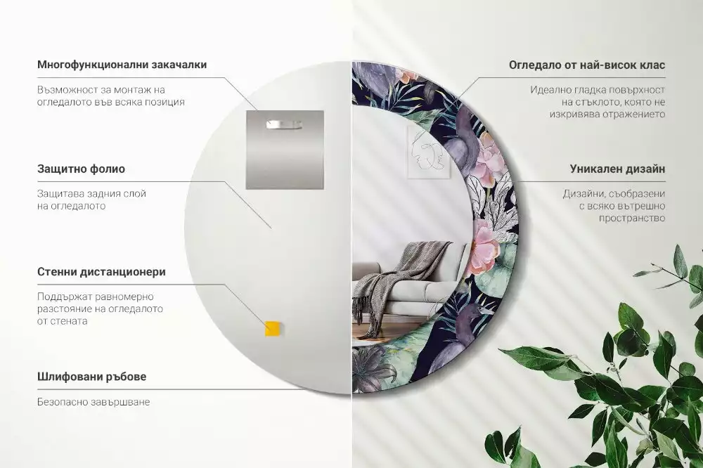 Lustro z okrągłą ramą z nadrukiem przedstawiającym czaple i ptaki