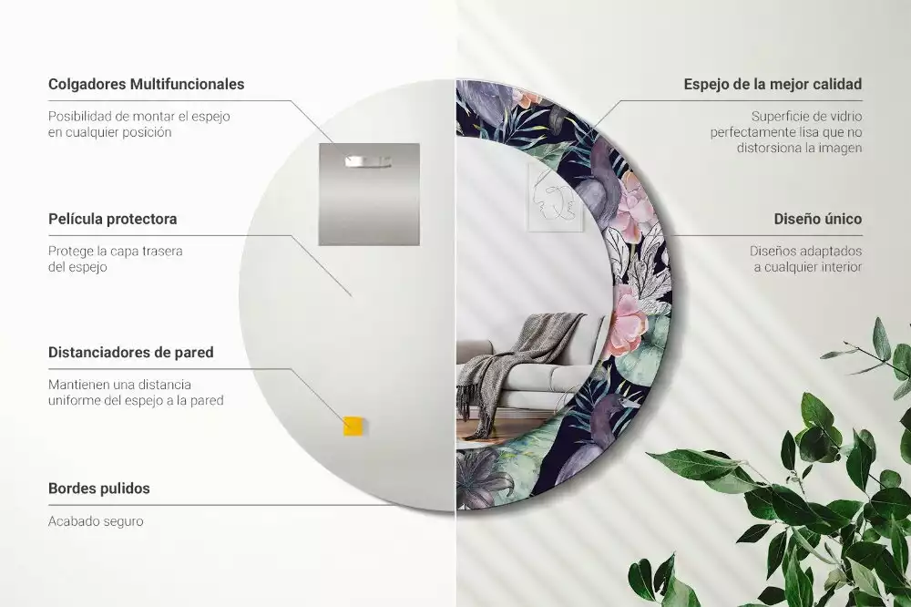 Lustro z okrągłą ramą z nadrukiem przedstawiającym czaple i ptaki