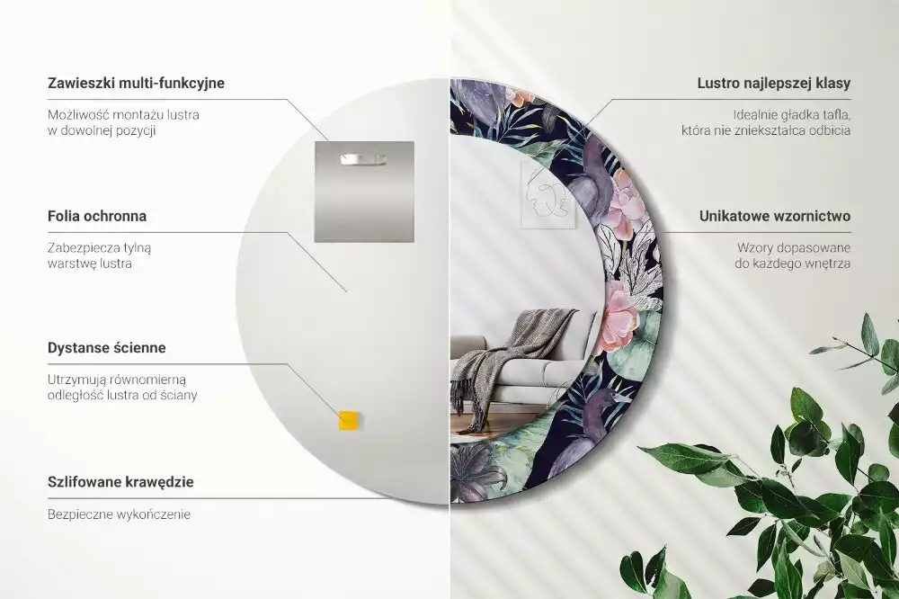 Lustro z okrągłą ramą z nadrukiem przedstawiającym czaple i ptaki