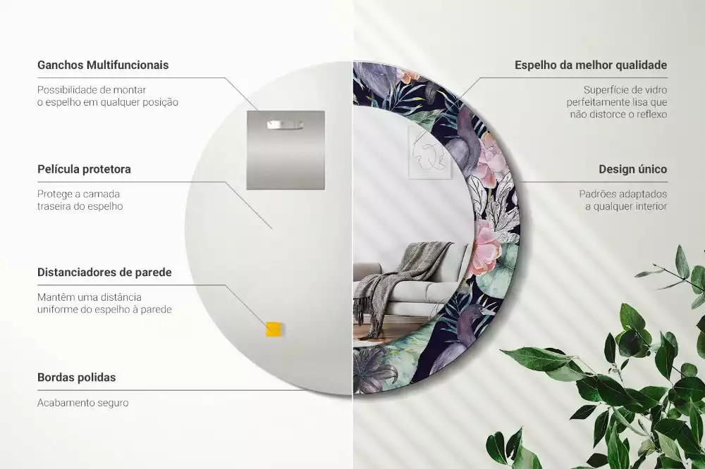 Lustro z okrągłą ramą z nadrukiem przedstawiającym czaple i ptaki