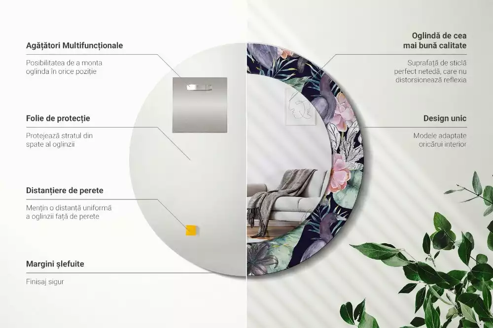 Lustro z okrągłą ramą z nadrukiem przedstawiającym czaple i ptaki