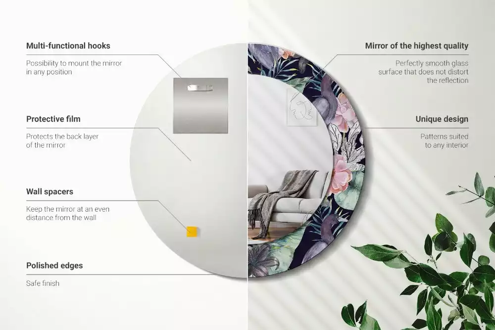 Lustro z okrągłą ramą z nadrukiem przedstawiającym czaple i ptaki