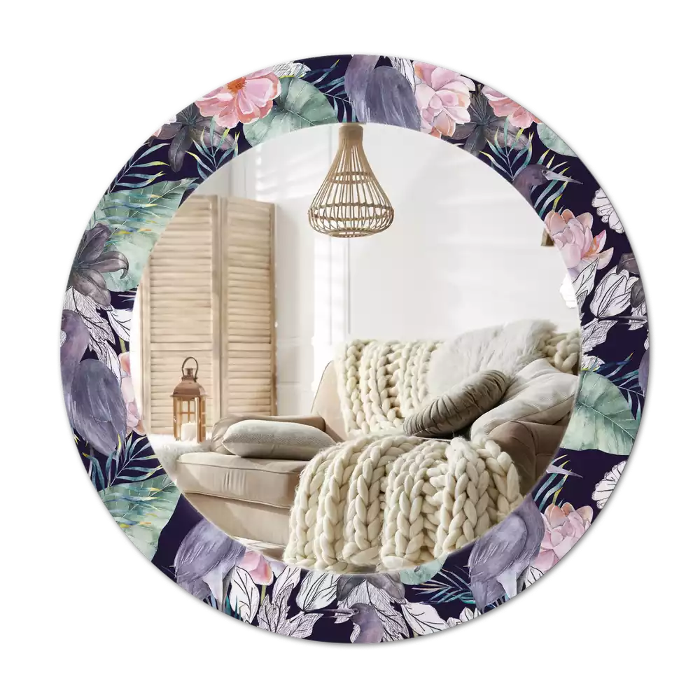 Lustro z okrągłą ramą z nadrukiem przedstawiającym czaple i ptaki