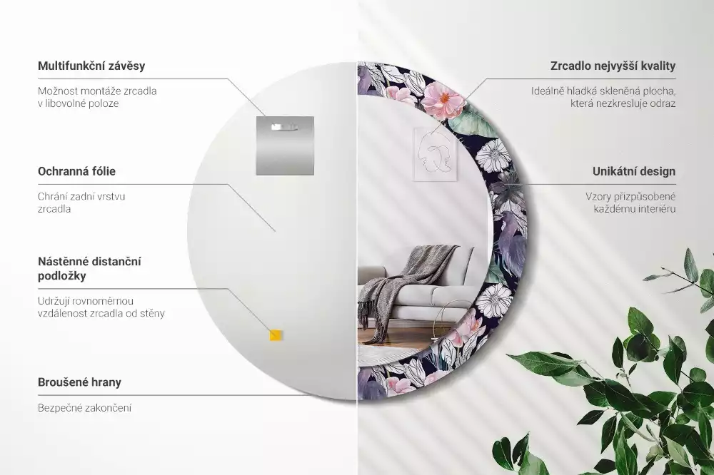 Lustro z okrągłą ramą z nadrukiem przedstawiającym czaple i ptaki
