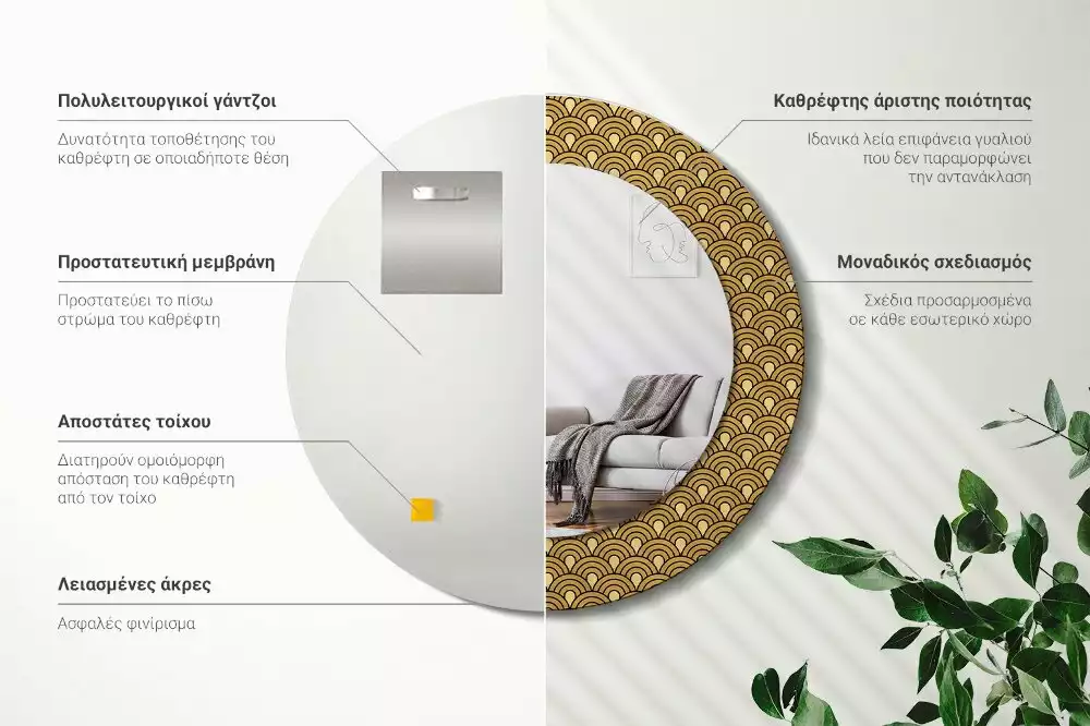 Lustro ścienne dekoracyjne w stylu retro z okrągłą ramą i wzorem