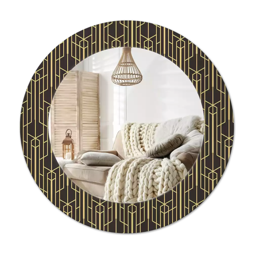 Lustro okrągłe z drukowaną ramką w stylu vintage z geometrycznym motywem