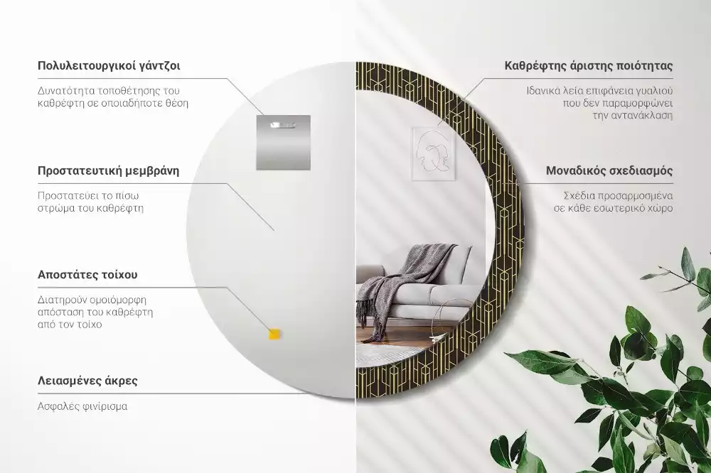 Lustro okrągłe z drukowaną ramką w stylu vintage z geometrycznym motywem