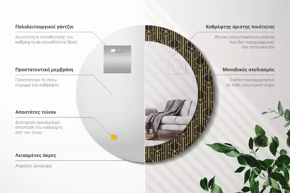 Lustro okrągłe z drukowaną ramką w stylu vintage z geometrycznym motywem