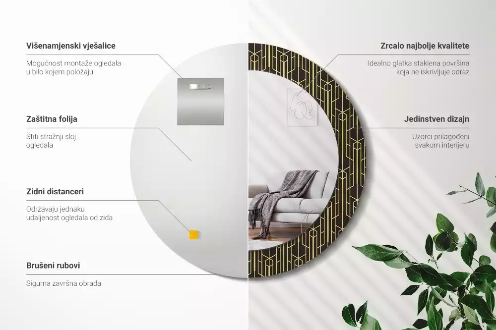 Lustro okrągłe z drukowaną ramką w stylu vintage z geometrycznym motywem