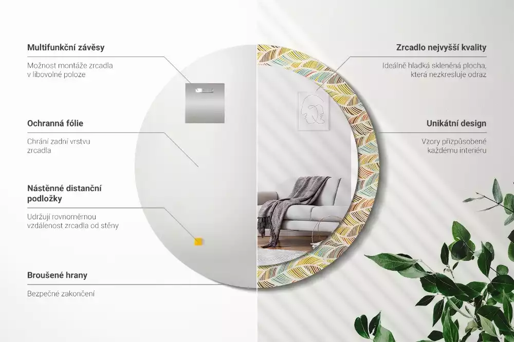 Lustro o okrągłym kształcie z ramką zdobioną nadrukiem w stylu abstrakcyjnym